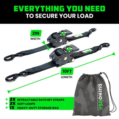 2" x 10' Retractable Ratchet Straps