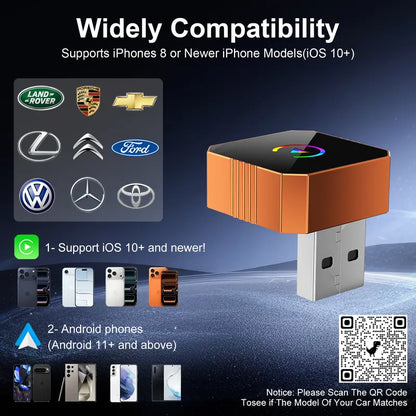 CarPlay Orange CarPlay2026 wireless adapter, compatible with iPhone/Android