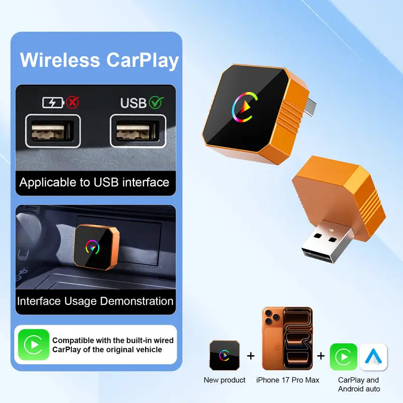CarPlay Orange CarPlay2026 wireless adapter, compatible with iPhone/Android